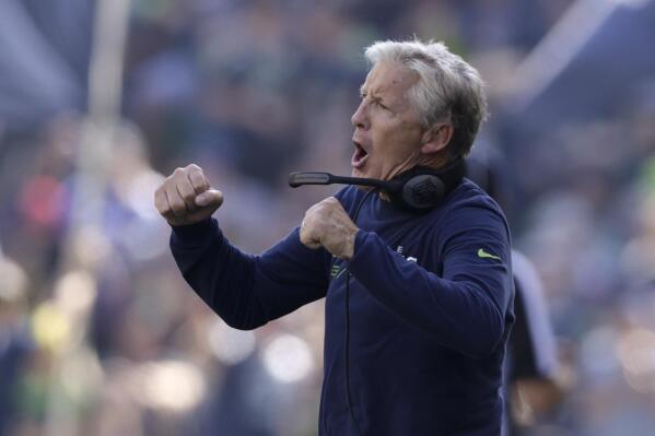 Seattle Seahawks head coach Pete Carroll reacts during the first half of an NFL football game against the Atlanta Falcons, Sunday, Sept. 25, 2022, in Seattle. (AP Photo/John Froschauer)