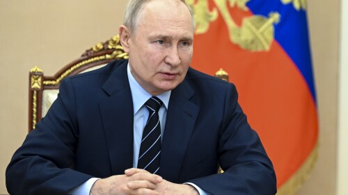 Russian President Vladimir Putin chairs a Security Council meeting via videoconference at the Kremlin in Moscow, Russia, Friday, July 14, 2023. (Aleksey Babushkin, Sputnik, Kremlin Pool Photo via AP)