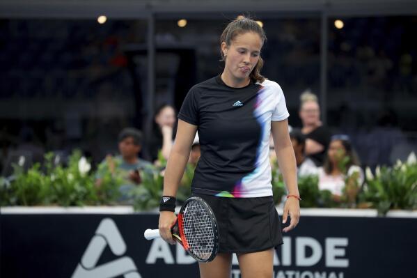 Russia's Daria Kasatkina reacts after winning a point against Czech Linda Noskova during their Round of 32 match at the Adelaide International Tennis tournament in Adelaide, Australia, Monday, Jan. 2, 2023. (AP Photo/Kelly Barnes)