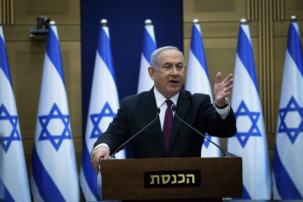 Israeli Prime Minister Benjamin Netanyahu delivers a statement to his Likud party in Jerusalem, Wednesday, Dec. 2, 2020. (Yonatan Sindel/Pool Photo via AP)