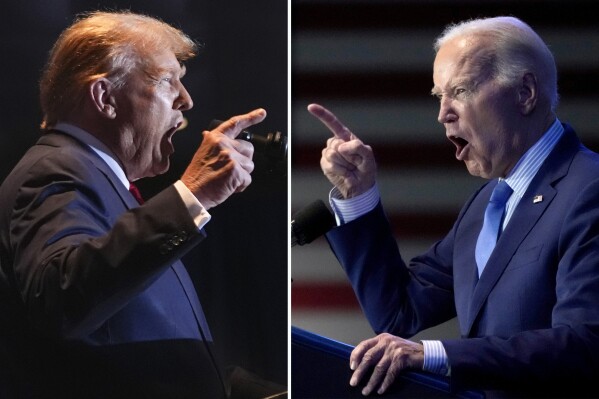 This combination of photos taken in Columbia, S.C. shows former President Donald Trump, left, on Feb. 24, 2024, and President Joe Biden on Jan. 27, 2024. Biden and Trump each won the White House by razor-thin margins in key states. Now, with a rematch of their bitter 2020 campaign all but officially set after Super Tuesday, the two campaigns are unveiling their strategies for an unprecedented matchup between a president and his immediate predecessor. (AP Photo)