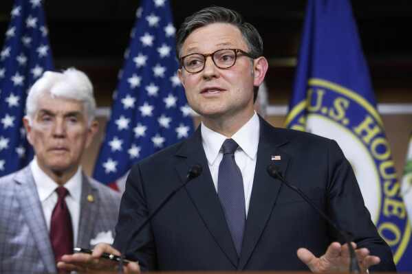 House Speaker Mike Johnson, R-La., speaks during a news conference at the Capitol, May 6, 2025, in Washington. (AP Photo/Rod Lamkey, Jr., File)