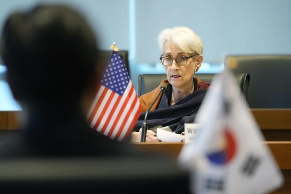 U.S. Deputy Secretary of State Wendy Sherman speaks during a talk with her counterpart, South Korean First Vice Foreign Minister Cho Hyundong, at the South Korean Embassy in Tokyo, Tuesday, Oct. 25, 2022. (AP Photo/Hiro Komae)