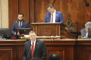 South Carolina Rep. John McCravy, R-Greenwood, talks about a total ban on abortion he has proposed during the House session on Tuesday, Aug. 30, 2022, in Columbia, S.C. (AP Photo/Jeffrey Collins)
