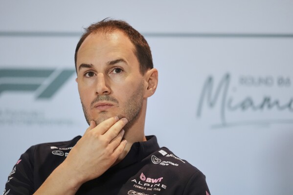 Alpine principal Oliver Oakes listens to reporters during a press conference ahead of the Formula One Miami Grand Prix auto race, Friday, May 2, 2025, in Miami Gardens, Fla. (AP Photo/Rebecca Blackwell)