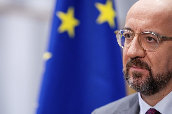 European Council President Charles Michel speaks during an exclusive interview with the Associated Press at the EU Council in Brussels, Friday Oct. 13, 2023. (AP Photo/Geert Vanden Wijngaert)