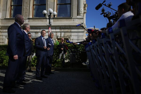 Vladimir Medinsky, center, head of the Russian delegation, speaks to the media at the Ciragan Palace following the Ukraine-Russia peace talks in Istanbul, Turkey, on Monday, June 2, 2025. (AP Photo/Emrah Gurel, File)