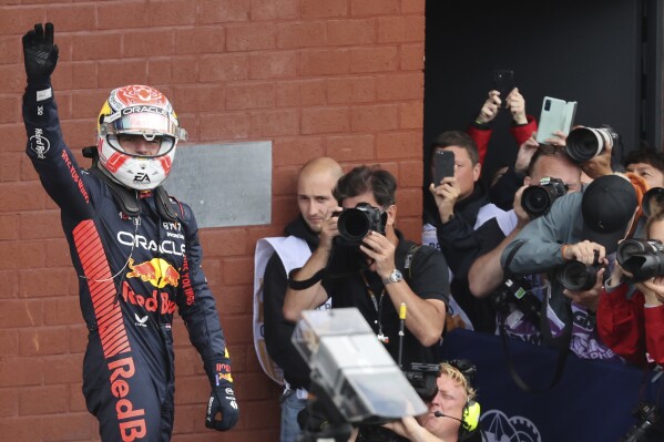 Red Bull driver Max Verstappen of the Netherlands celebrates after winning the Formula One Grand Prix at the Spa-Francorchamps racetrack in Spa, Belgium, Sunday, July 30, 2023. (AP Photo/Geert Vanden Wijngaert)