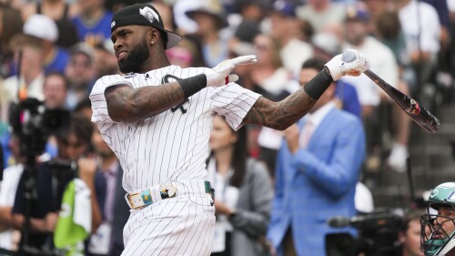 American League's Luis Robert, Jr., hits during the first round of the MLB All-Star baseball Home Run Derby in Seattle, Monday, July 10, 2023. (AP Photo/Ted Warren)