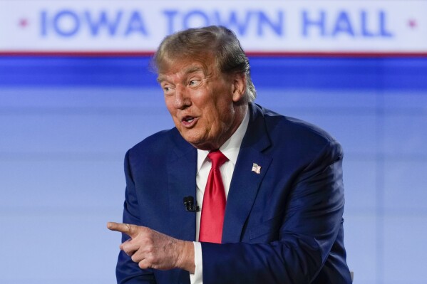 Republican presidential candidate former President Donald Trump speaks during a Fox News Channel town hall in Des Moines, Iowa, Wednesday, Jan. 10, 2024. (AP Photo/Carolyn Kaster)