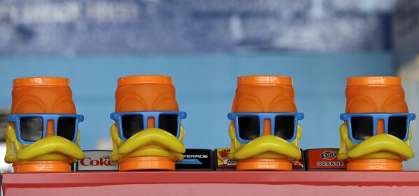 
              Duck mugs rest on a shelf before a minor league baseball game between the Akron RubberDucks and the Bowie Baysox, Thursday, April 18, 2019, in Akron, Ohio. (AP Photo/Tony Dejak)
            