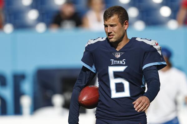 FILE - Tennessee Titans punter Brett Kern (6) is seen before their game against the Tampa Bay Buccaneers, Saturday, Aug. 20, 2022, in Nashville, Tenn. Three-time Pro Bowl punter Kern is Tennessee’s longest-tenured player and needs just four punts to become only the 25th NFL player with 1,000 career punts. Kern may wind up losing his job to an undrafted rookie from Colorado State with one of the strongest legs the veteran has ever seen. (AP Photo/Wade Payne, File)