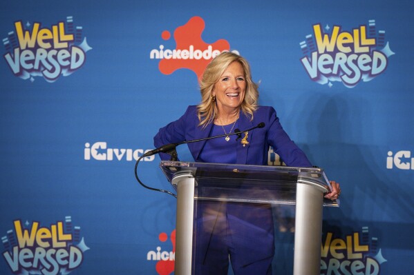 First Lady Jill Biden attends an event to celebrate National Civics Day with the launch of Well Versed, an animated musical series that aims to help teach kids about democracy and the U.S. Bill of Rights Friday, Oct. 27, 2023, in Philadelphia. (Jessicas Griffin/The Philadelphia Inquirer via AP)