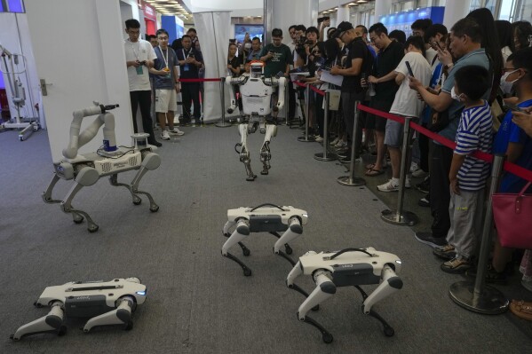Visitors look at the remote control robots perform during the annual World Robot Conference at the Etrong International Exhibition and Convention Center on the outskirts of Beijing, Thursday, Aug. 17, 2023. (AP Photo/Andy Wong)
