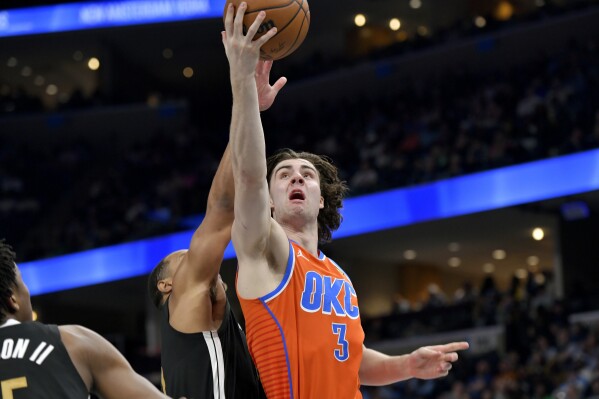 Oklahoma City Thunder guard Josh Giddey (3) shoots against Memphis Grizzlies guard Desmond Bane in the second half of an NBA basketball game, Saturday, March 16, 2024, in Memphis, Tenn. (AP Photo/Brandon Dill)