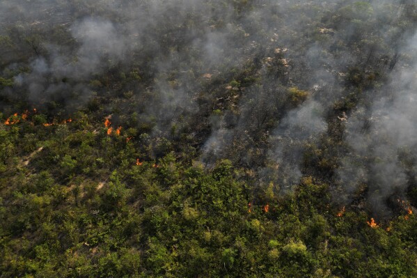 An extensive area of the Serra das Bandeiras forest burns in Barreiras, western Bahia state, Brazil, Thursday, Sept. 21, 2023. According to the National Center for Prevention and Combat of Forest Fires, the fires are being fanned by strong winds, high temperatures, and dry weather. (AP Photo/Eraldo Peres)