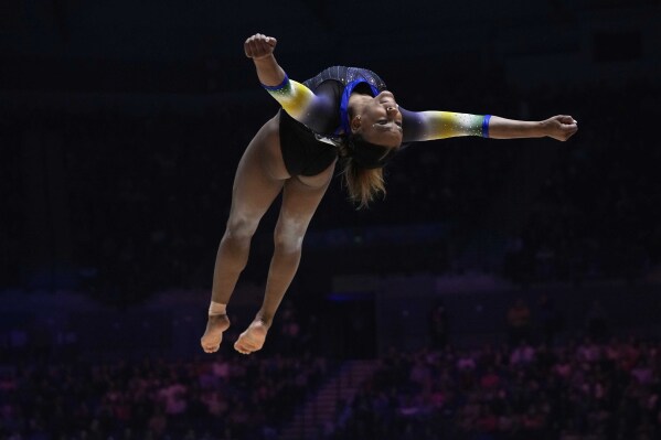 FILE - Brazil's Rebeca Andrade competes in the floor exercise finals during the Artistic Gymnastics World Championships at M&S Bank Arena in Liverpool, England, Sunday, Nov. 6, 2022. (AP Photo/Thanassis Stavrakis, File)