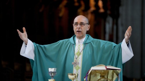 Monsignor Victor Manuel Fernandez, Archbishop of La Plata, leads Mass at the Cathedral of La Plata, Argentina, Sunday, July 9, 2023. Fernandez has been appointed by Pope Francis as head of the Dicastery for the Doctrine of the Faith of the Holy See in the Vatican.  (AP Photo/Natacha Pisarenko)