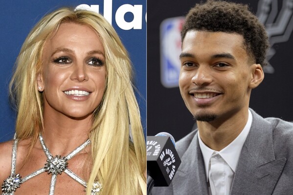 FILE - Britney Spears appears at the 29th annual GLAAD Media Awards in Beverly Hills, Calif., on April 12, 2018, left, and San Antonio Spurs NBA basketball first round draft pick Victor Wembanyama speaks during a news conference in San Antonio on June 24, 2023. Wembanyama said Thursday, July 6, 2023, that he believes Britney Spears grabbed him from behind as he was walking into a restaurant at a Las Vegas casino, and that the security detail he was with pushed the pop star away. (AP Photos by Chris Pizzello, left, and Eric Gay, File)