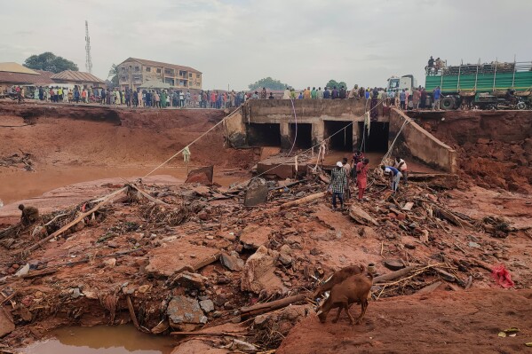 People search in flooded area following a downpour in Mokwa, Nigeria, Friday, May 30, 2025. (AP Photo/Chenemi Bamaiyi)
