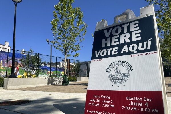 A sign for an early voting site at the Stead Park Recreation Center is photographed in northwest Washington, on May 29, 2024. (AP Photo/Robert Yoon)