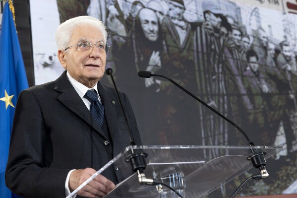 Italian President Sergio Mattarella delivers his speech in Rome Friday, Jan. 26, 2024. Italy’s president has denounced the rise in antisemitism and delivered a powerful speech in support of the Jewish people. President Sergio Mattarella commemorated Holocaust Remembrance Day, which has been overshadowed by Israel’s military campaign in Gaza and a rise in anti-Israel acts in Italy. (Paolo Giandotti/Italian Presidency via AP)