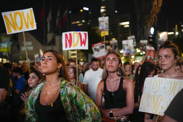 Relatives and supporters of the Israeli hostages held in the Gaza Strip by the Hamas militant group call for their release during rally in Tel Aviv, Israel, Saturday, June 8, 2024. Israel said Saturday it rescued four hostages who were kidnapped in the Hamas-led attack on Oct. 7, the largest such recovery operation since the war began in Gaza. (ĢӰԺ Photo/Ohad Zwigenberg)