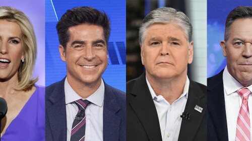 This combination of photos show Fox News commentators Laura Ingraham, from left, Jesse Watters, Sean Hannity and Greg Gutfeld. Watters will host an opinion show in the time slot formerly occupied by Tucker Carlson, Fox News Channel announced Monday. “Jesse Watters Primetime" will begin at 8 p.m. Eastern on July 17 as part of a revamped weekly nighttime lineup on Fox News. Laura Ingraham's show will air at 7 p.m., with Sean Hannity's popular show remaining at 9 p.m. Greg Gutfeld's late-night show will move up to the 10 p.m. hour that was previously Ingraham's time slot. (AP Photo)
