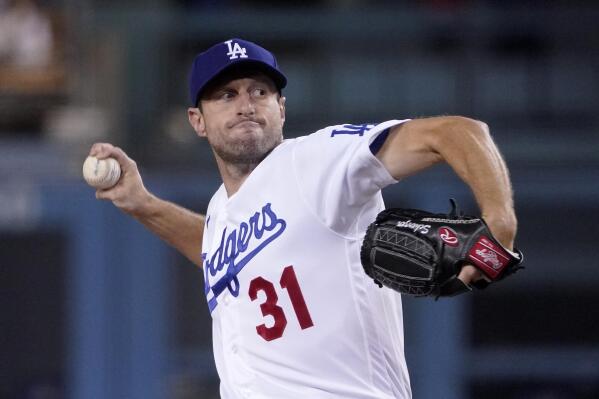 Los Angeles Dodgers starting pitcher Max Scherzer throws to the plate during the first inning of a baseball game against the San Diego Padres Wednesday, Sept. 29, 2021, in Los Angeles. (AP Photo/Mark J. Terrill)