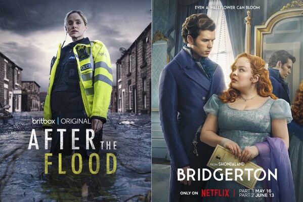 This combination of images shows promotional art for the series "After the Flood," left, and part 1 of the latest season of "Bridgerton." (BritBox/Netflix via AP)
