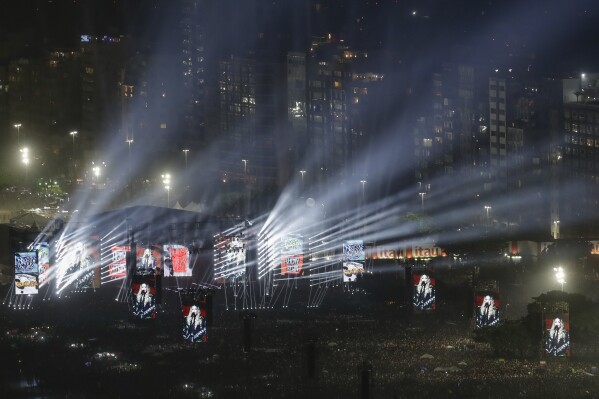 Madonna performs at the final show of her Celebration Tour, on Copacabana Beach in Rio de Janeiro, Brazil, Saturday, May 4, 2024. (AP Photo/Bruna Prado)