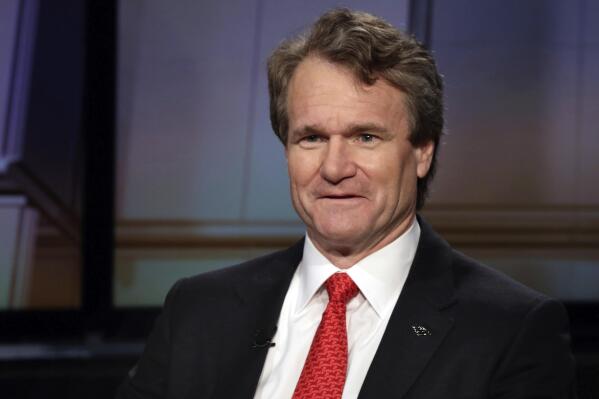 FILE — Bank of America Chairman & CEO Brian Moynihan is interviewed on the Fox Business Network, in New York, June 1, 2015. As CEO of Bank of America since 2010, Moynihan has been largely credited with rebuilding the bank after the Great Recession and financial crisis.  Moynihan points to the continued strength of consumer spending despite four-decade-high inflation and worries about the economy and the pandemic.  (AP Photo/Richard Drew, File)