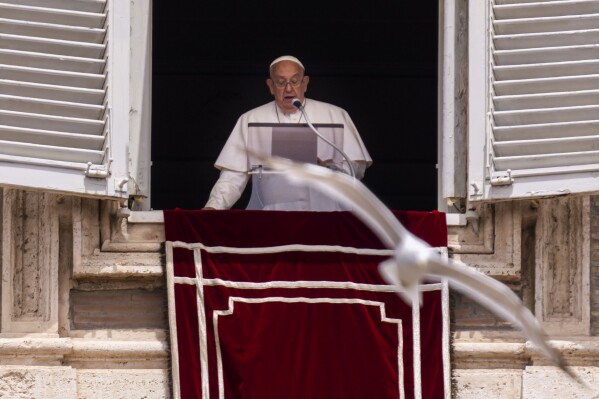 A seagull flies in front of Pope Francis during his appearance at his studiio's window overlooking St. Peter's Square at The Vatican, Sunday, June 9, 2024, where faithful and pilgrims gathered for the traditional Sunday's blessing at the end of the Angelus prayer. (AP Photo/Domenico Stinellis)