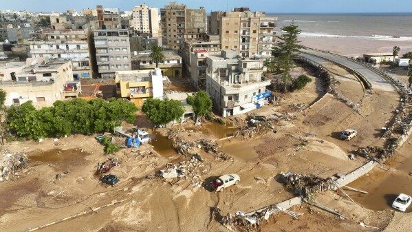 A general view of the city of Derna is seen on Tuesday, Sept. 12., 2023. Mediterranean storm Daniel caused devastating floods in Libya that broke dams and swept away entire neighborhoods in multiple coastal towns, the destruction appeared greatest in Derna city. (AP Photo/Jamal Alkomaty)