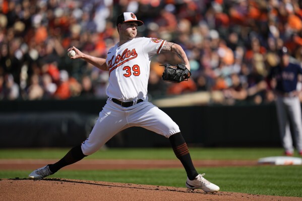 Baltimore Orioles starting pitcher Kyle Bradish throws to the Boston Red Sox during the first inning of a baseball game, Sunday, Oct. 1, 2023, in Baltimore. (AP Photo/Julio Cortez)