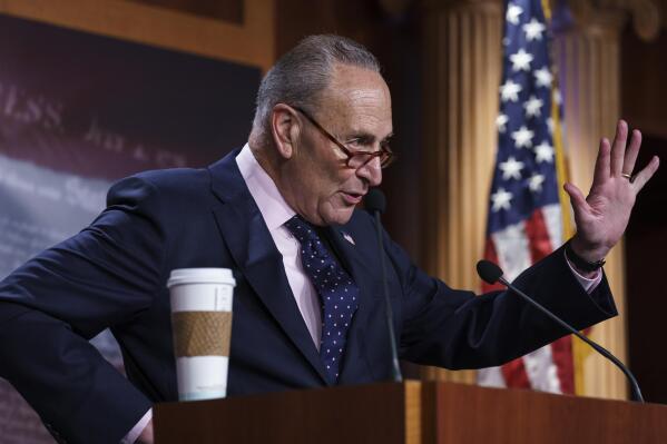 Senate Majority Leader Chuck Schumer, D-N.Y., meets with reporters after a marathon "vote-a-rama" to advance President Joe Biden's federal priorities, at the Capitol in Washington, Wednesday, Aug. 11, 2021. (AP Photo/J. Scott Applewhite)