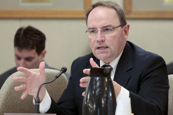 FILE - Then, Wisconsin state Sen. Tom Tiffany, R-Hazelhurst, speaks at the State Capitol in Madison, Wis. on May 29, 2015. Tiffany said Tuesday, Aug. 1, 2023 that he won’t run for U.S. Senate in 2024 against Democratic U.S. Sen. Tammy Baldwin, leaving an open GOP field with no declared candidates in the swing state a year before the primary. (Michael P. King/Wisconsin State Journal via AP, file)