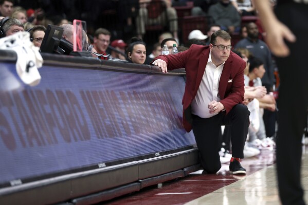 Stanford coach Jerod Haase watches the team during the first half of an NCAA college basketball game against California on Thursday, March 7, 2024, in Stanford, Calif. (Scott Strazzante/San Francisco Chronicle via AP)