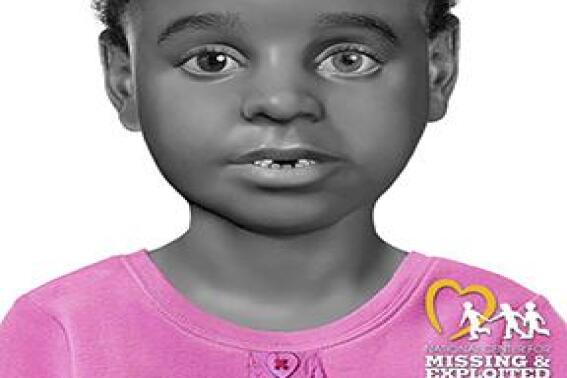 This image shows a facial reconstruction created by a forensic artist at the National Center for Missing Exploited Children of "Baby Jane Doe" in Opelika, Ala. The remains of the child were found behind a mobile home in 2012. Opelika police announced on Jan. 19, 2023 that they used genetic genealogy to identify the girl as Amore Wiggins and have arrested a man they identified as her father. (Courtesy of the National Center for Missing Exploited Children)
