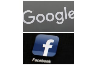 FILE - This combination of file photos shows a Google sign and the Facebook app. Global digital platforms The author of proposed Australian laws to make Facebook and Google pay for journalism said Thursday, Sept. 17, 2020, in Australia, his draft legislation will be altered to allay some of the digital giants’ concerns, but remain fundamentally unchanged. (AP Photo/File)
