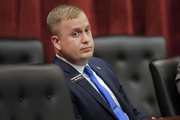 FILE - In this April 28, 2021 file photo, State Rep. Aaron von Ehlinger, R-Lewiston, listens as an alleged victim, identified as Jane Doe, offers testimony during a hearing before the Idaho Ethics and House Policy Committee in the Lincoln Auditorium at the Idaho Statehouse in Boise, Idaho. Von Ehlinger was before the committee to face sexual misconduct allegations with a 19-year-old volunteer staff member during the current legislative session.   As troubling as that case has been, it is just the latest in a long list of credible sexual misconduct accusations against state lawmakers since the #MeToo movement began more than three years ago.  (Darin Oswald/Idaho Statesman via AP)