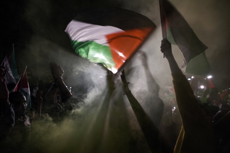 People chant anti-Israel slogans while waving Palestinian flags during a rally celebrating the attacks that the militant Hamas group carried out against Israel, in Istanbul, Turkey, Saturday, Oct. 7, 2023. (AP Photo/Khalil Hamra, File)