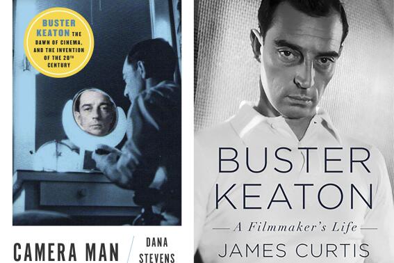 This combination of cover images shows "Camera Man: Buster Keaton, the Dawn of Cinema, and the Invention of the 20th Century" by Dana Stevens, left, and "Buster Keaton: A Filmmaker's Life” by James Curtis. (Atria via AP, left, and Knopf via AP)