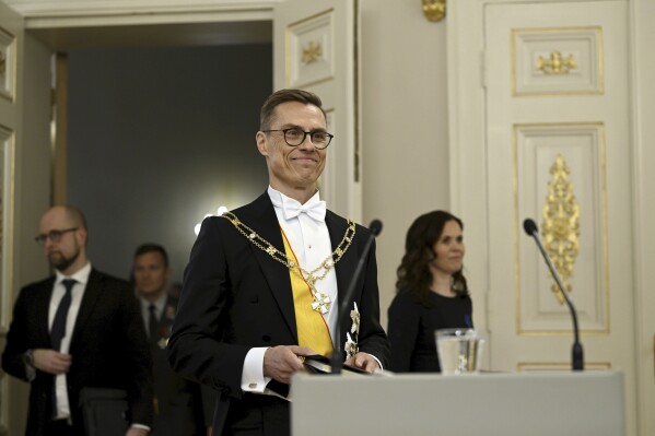 The new President of the Republic of Finland Alexander Stubb arrives to his first press conference at the Presidential Palace during his inauguration ceremony in Helsinki, Finland, Friday March 1, 2024. (Emmi Korhonen/Lehtikuva via AP)