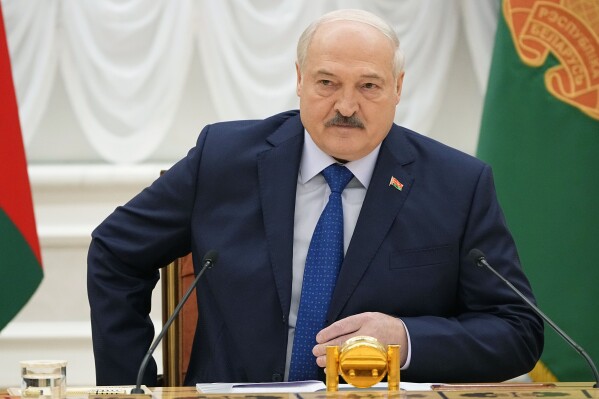 Belarusian President Alexander Lukashenko attends a meeting with foreign correspondents, in Minsk, Belarus, Thursday, July 6, 2023. (AP Photo/Alexander Zemlianichenko)