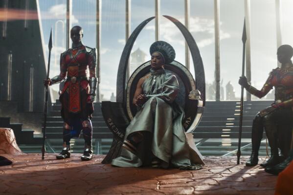 FILE - This image released by Marvel Studios shows, from left, Dorothy Steel as Merchant Tribe Elder, Florence Kasumba as Ayo, Angela Bassett as Ramonda, and Danai Gurira as Okoye in a scene from "Black Panther: Wakanda Forever." “Black Panther: Wakanda Forever” earned 12 NAACP Image Awards nominations on Thursday, Jan. 12, 2023, while “The Woman King” and “Abbott Elementary” will enter next month’s ceremony as top nominees. (Marvel Studios via AP, File)