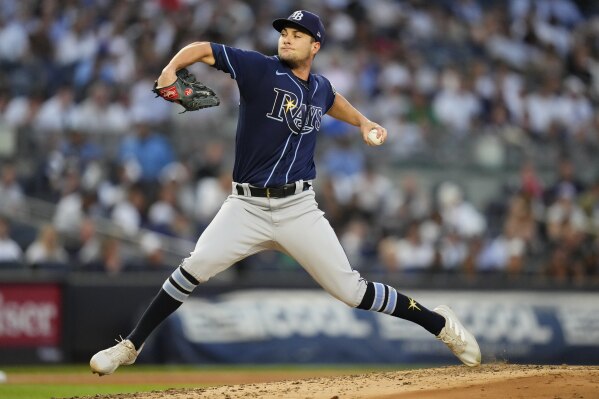 Tampa Bay Rays' Shane McClanahan pitches during the first inning of a baseball game against the New York Yankees, Wednesday, Aug. 2, 2023, in New York. (AP Photo/Frank Franklin II)
