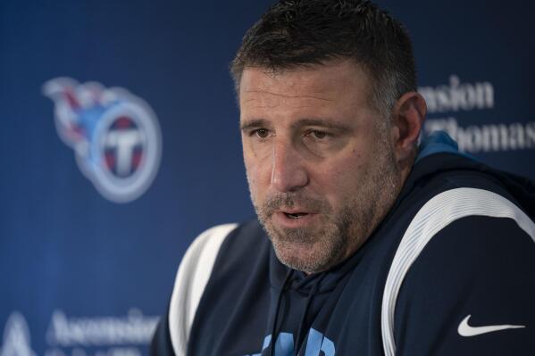 Tennessee Titans head coach Mike Vrabel responds to questions from reporters at Saint Thomas Sports Park Monday, Jan. 9, 2023, in Nashville, Tenn. The Titans blew a massive lead atop the AFC South with a seven-game skid to end the season. (George Walker IV/The Tennessean via AP)