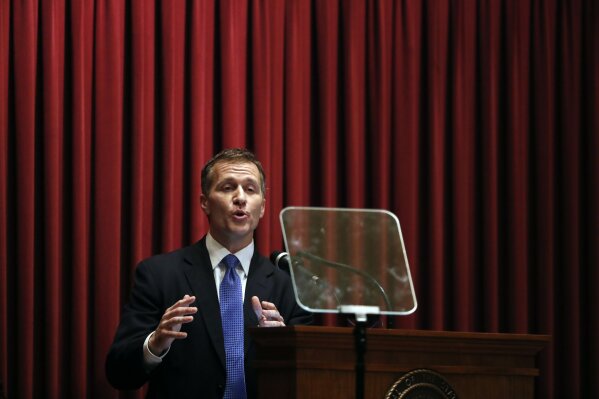 
              FILE - In this Wednesday, Jan. 10, 2018 file photo, Missouri Gov. Eric Greitens delivers the annual State of the State address to a joint session of the House and Senate, in Jefferson City, Mo. Greitens appears to be bracing for a fight to preserve his political life after admitting to an extramarital affair but denying anything more. Greitens met Thursday with Cabinet members and placed calls to rally support while his attorney issued firm denials to a smattering of allegations related to the affair. (AP Photo/Jeff Roberson, File)
            