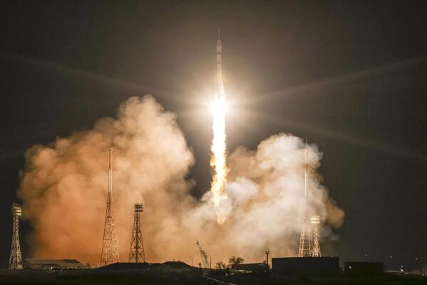 In this handout photo released by Roscosmos State Space Corporation, the new, empty Soyuz MS-23 capsule blasts off at the Russian leased Baikonur cosmodrome in Baikonur, Kazakhstan, on Friday, Feb. 24, 2023. Russia has launched a rescue ship for two cosmonauts and a NASA astronaut whose original ride sprang a dangerous leak at the International Space Station. (Ivan Timoshenko/Roscosmos State Space Corporation via AP)